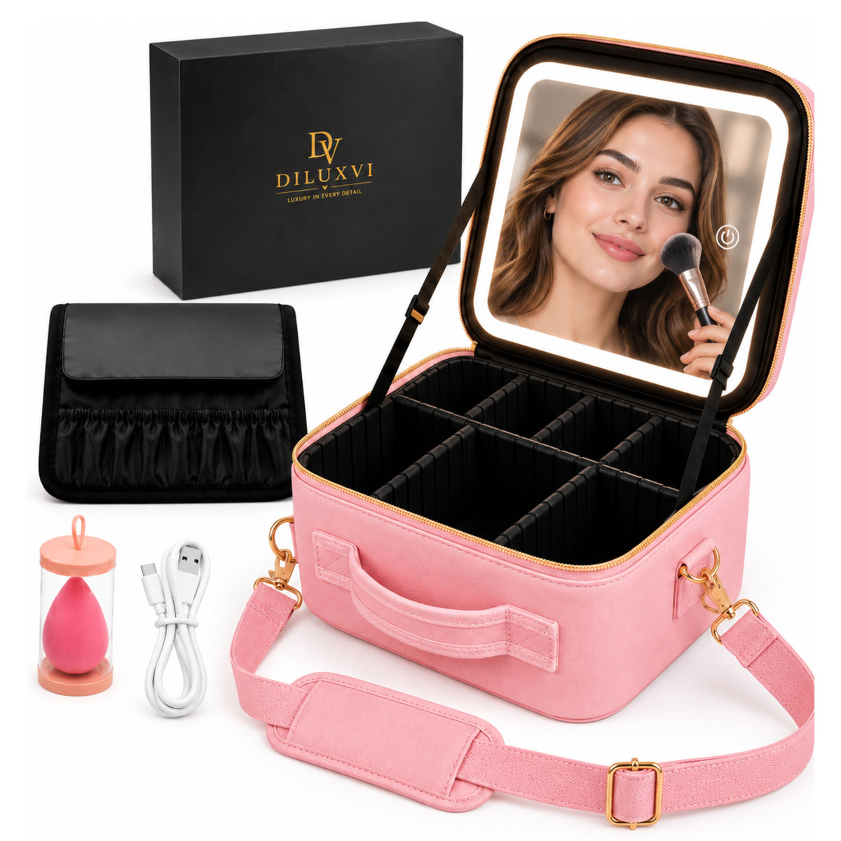 DILUXVI LED Makeup Vanity Case with Mirror – Travel Cosmetic Organizer, Rechargeable LED Lights, Adjustable Dividers, Premium Gift Box