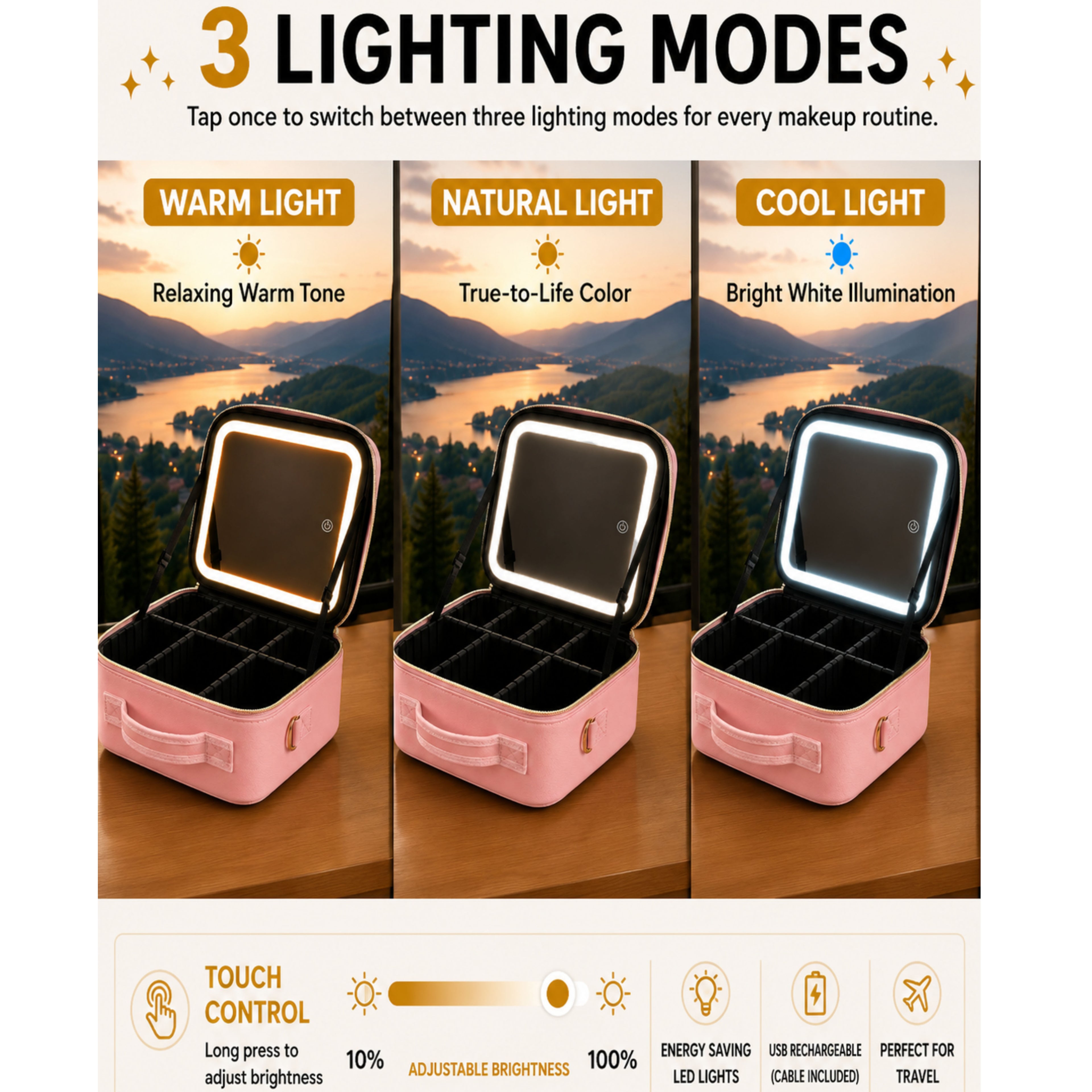 DILUXVI LED Makeup Vanity Case with Mirror – Travel Cosmetic Organizer, Rechargeable LED Lights, Adjustable Dividers, Premium Gift Box