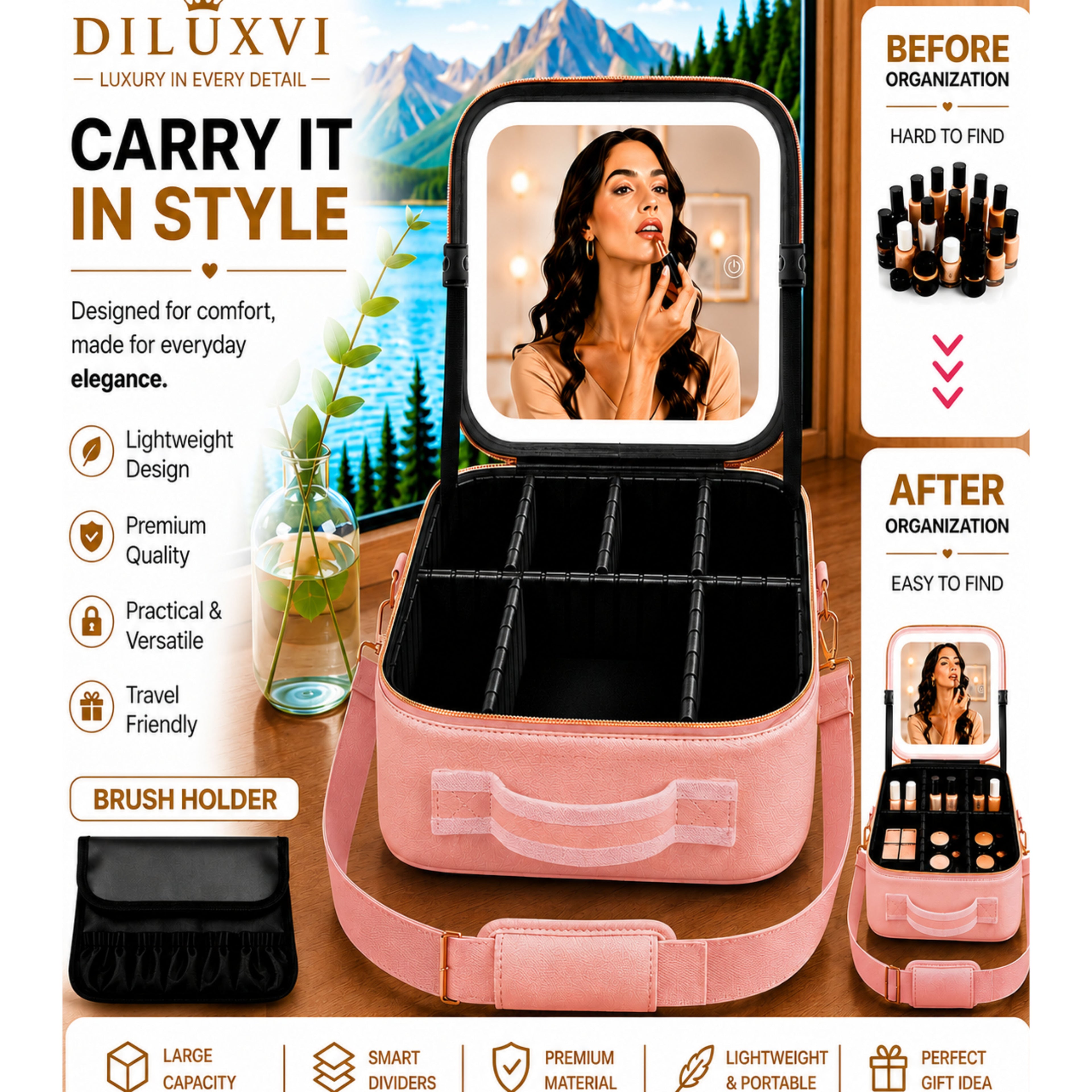 DILUXVI LED Makeup Vanity Case with Mirror – Travel Cosmetic Organizer, Rechargeable LED Lights, Adjustable Dividers, Premium Gift Box