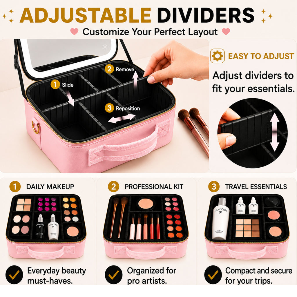 DILUXVI LED Makeup Vanity Case with Mirror – Travel Cosmetic Organizer, Rechargeable LED Lights, Adjustable Dividers, Premium Gift Box