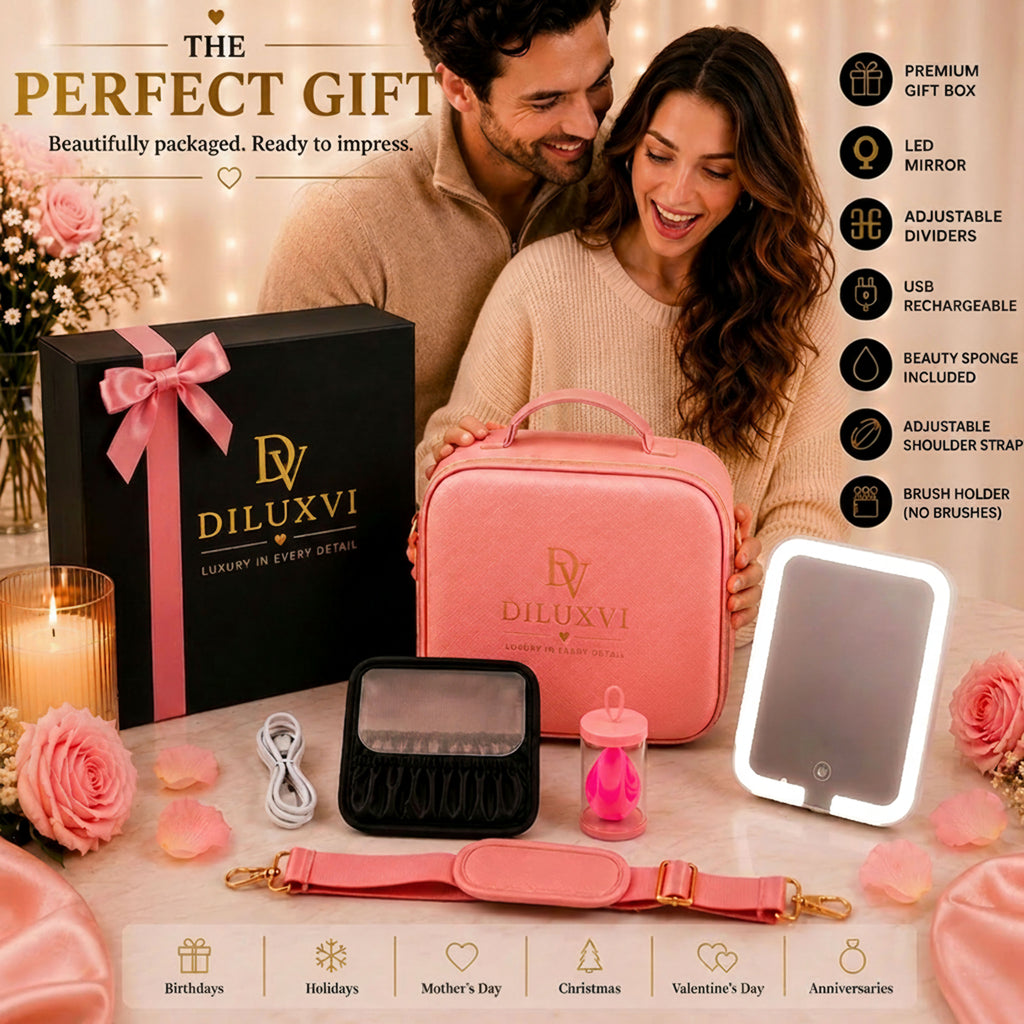 DILUXVI LED Makeup Vanity Case with Mirror – Travel Cosmetic Organizer, Rechargeable LED Lights, Adjustable Dividers, Premium Gift Box