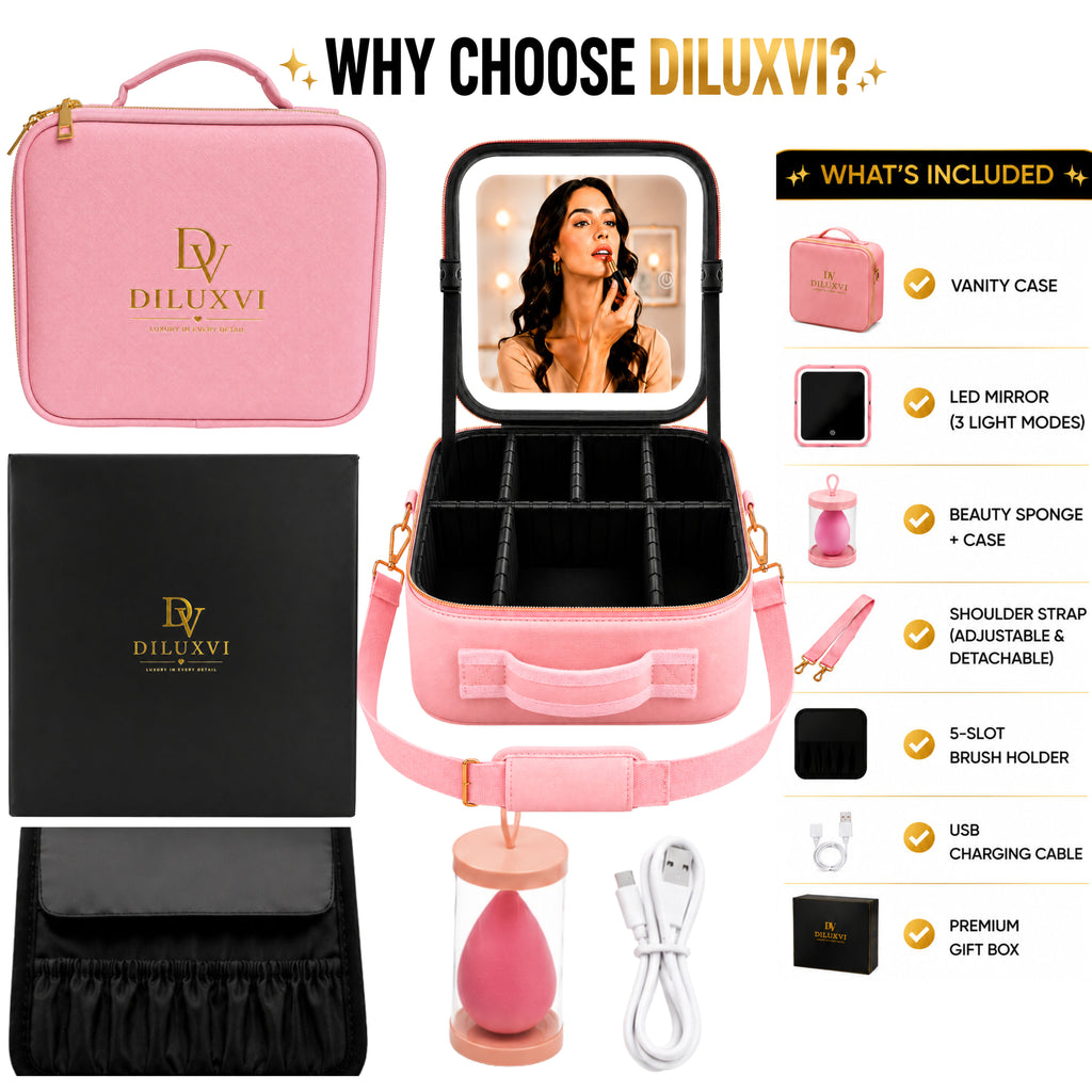 DILUXVI LED Makeup Vanity Case with Mirror – Travel Cosmetic Organizer, Rechargeable LED Lights, Adjustable Dividers, Premium Gift Box