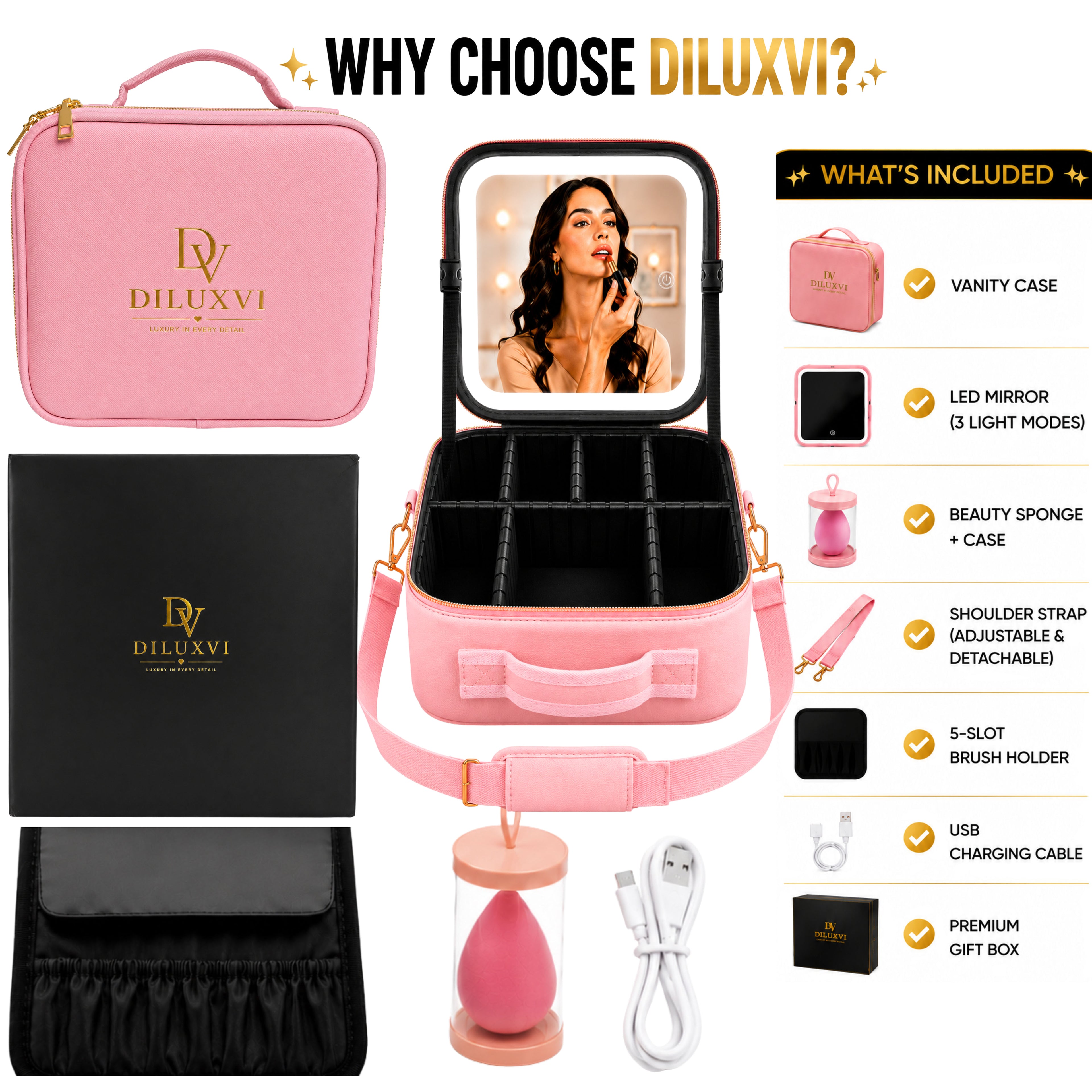 DILUXVI LED Makeup Vanity Case with Mirror – Travel Cosmetic Organizer, Rechargeable LED Lights, Adjustable Dividers, Premium Gift Box