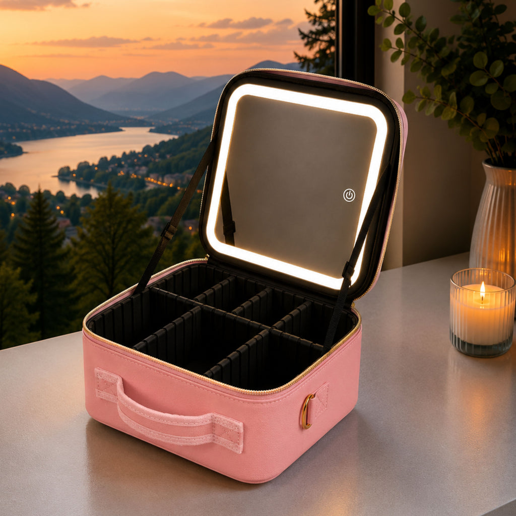 DILUXVI LED Makeup Vanity Case with Mirror – Travel Cosmetic Organizer, Rechargeable LED Lights, Adjustable Dividers, Premium Gift Box