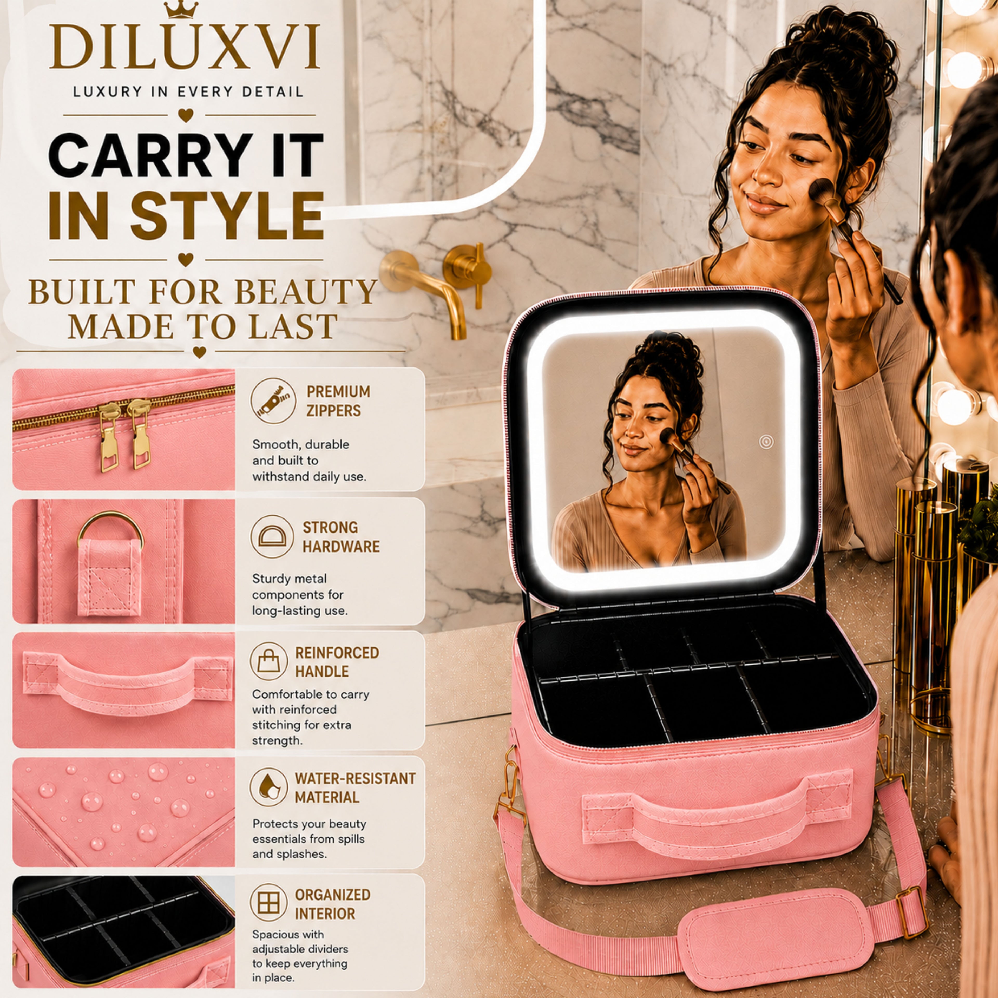 DILUXVI LED Makeup Vanity Case with Mirror – Travel Cosmetic Organizer, Rechargeable LED Lights, Adjustable Dividers, Premium Gift Box