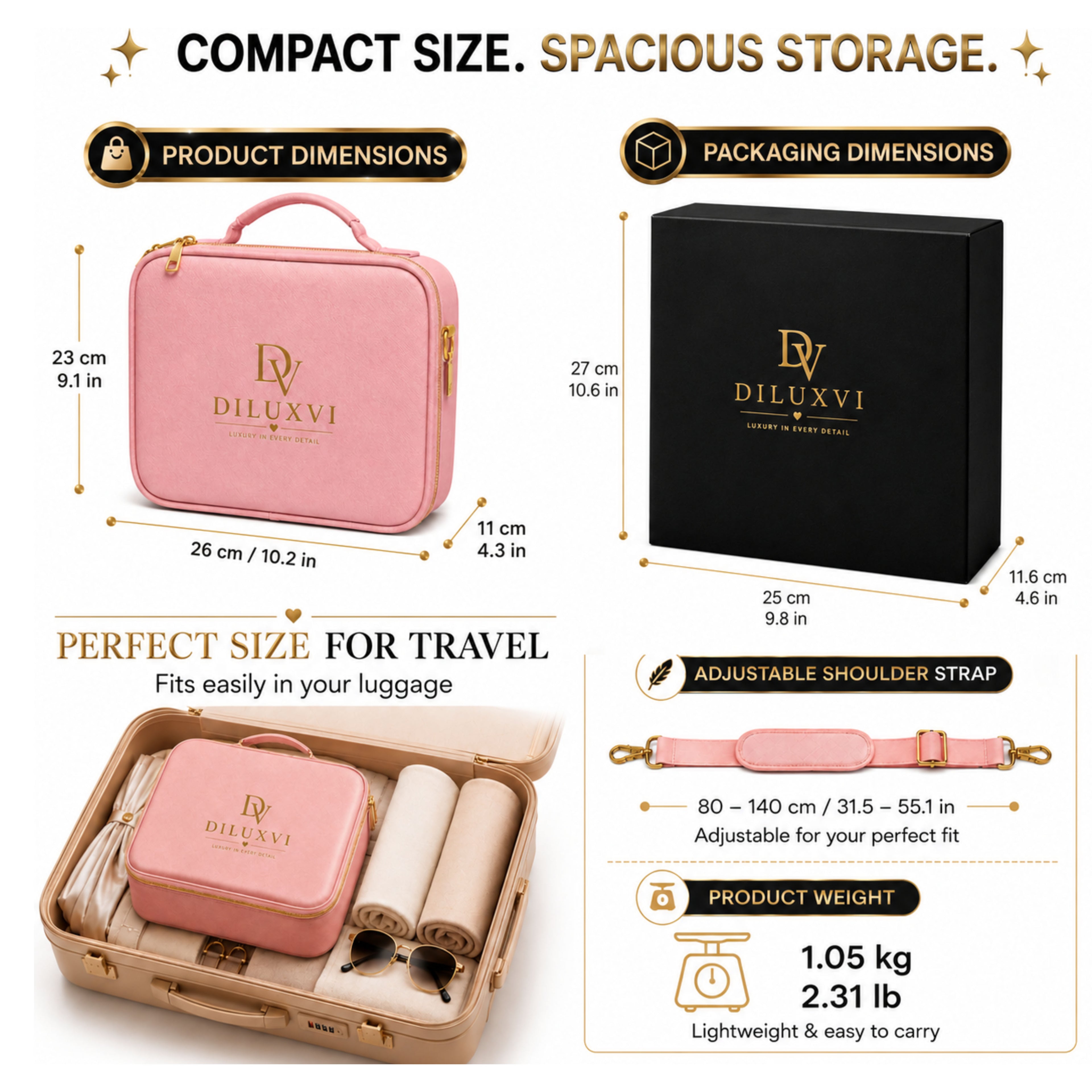 DILUXVI LED Makeup Vanity Case with Mirror – Travel Cosmetic Organizer, Rechargeable LED Lights, Adjustable Dividers, Premium Gift Box
